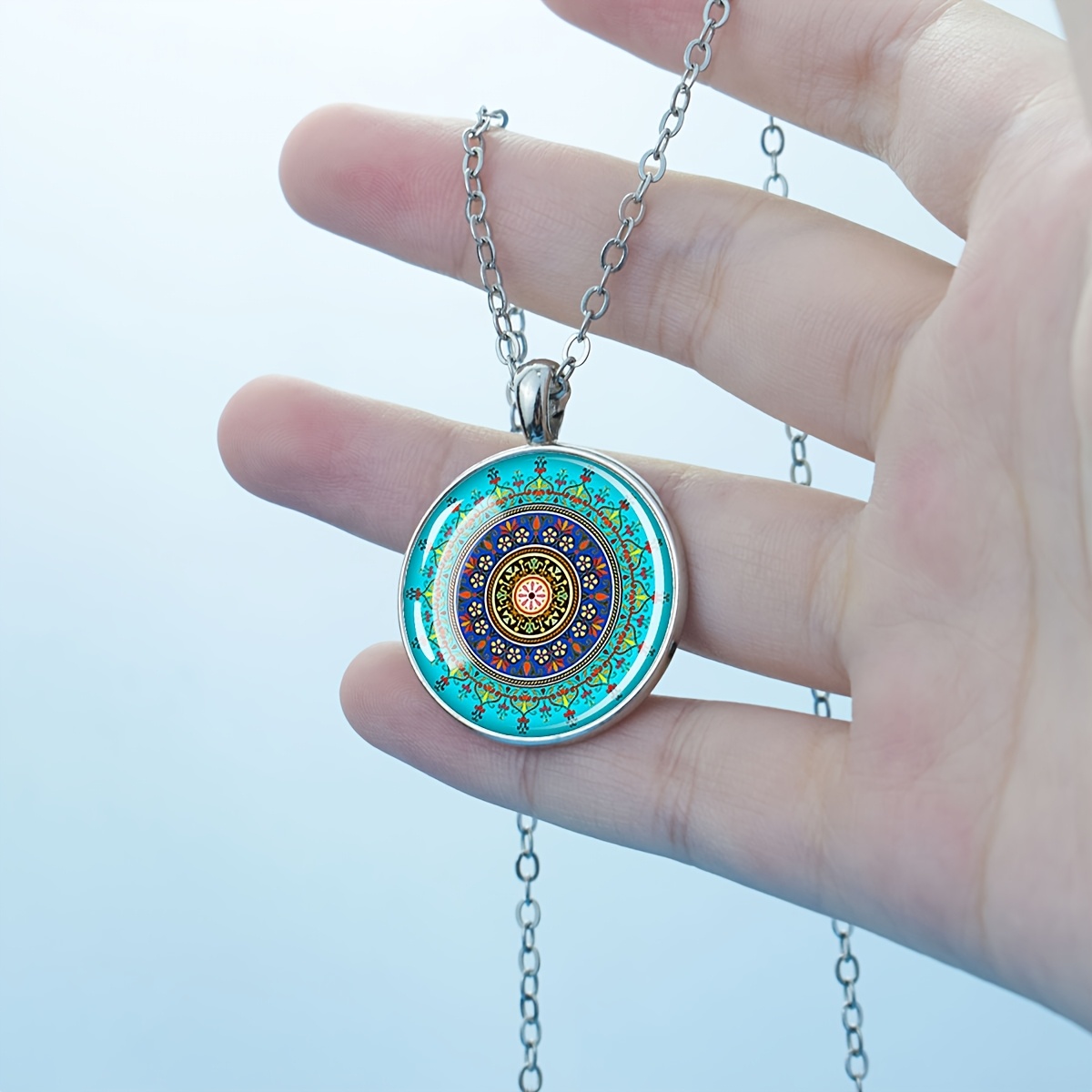 Women's Boho Style Mandala Pattern Glass Necklace, Unique Gift